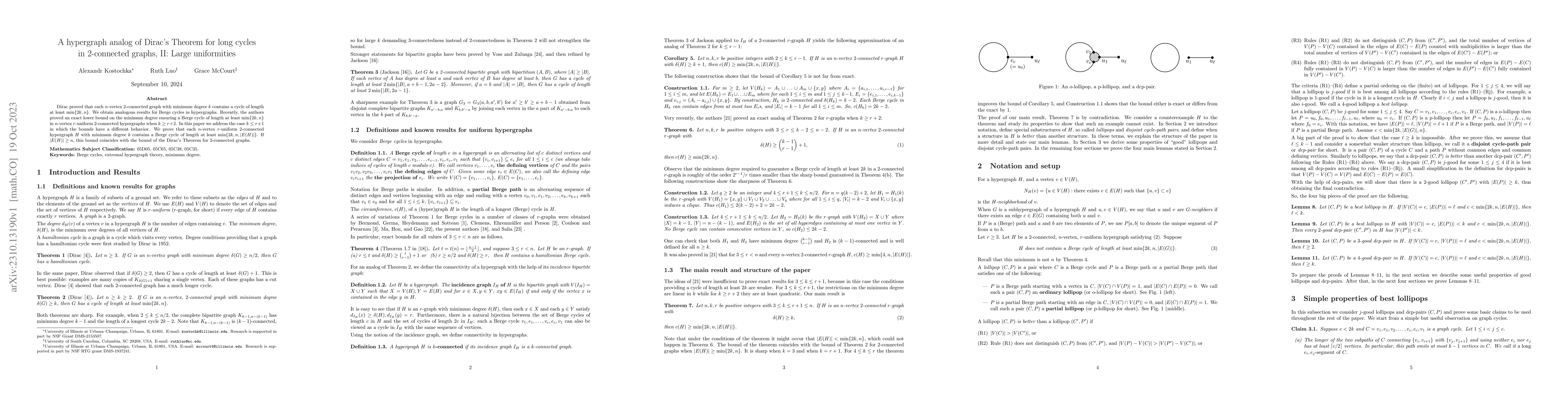 Thumbnail for A hypergraph analog of Dirac's Theorem for long cycles in 2-connected
  graphs, II: Large uniformities