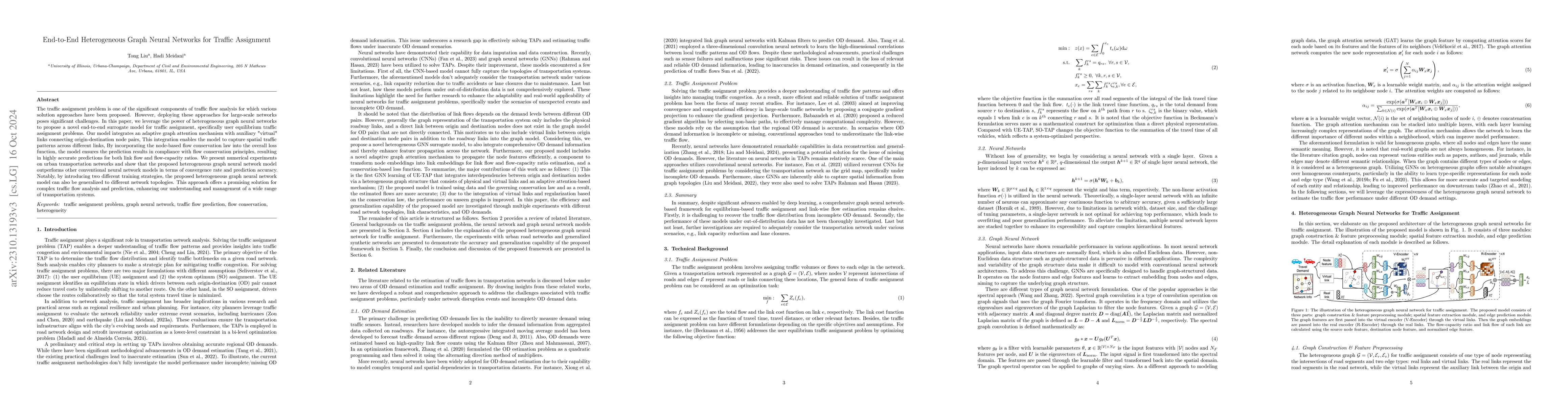 Thumbnail for Heterogeneous Graph Neural Networks for End-to-End Traffic Assignment
  and Traffic Flow Learning