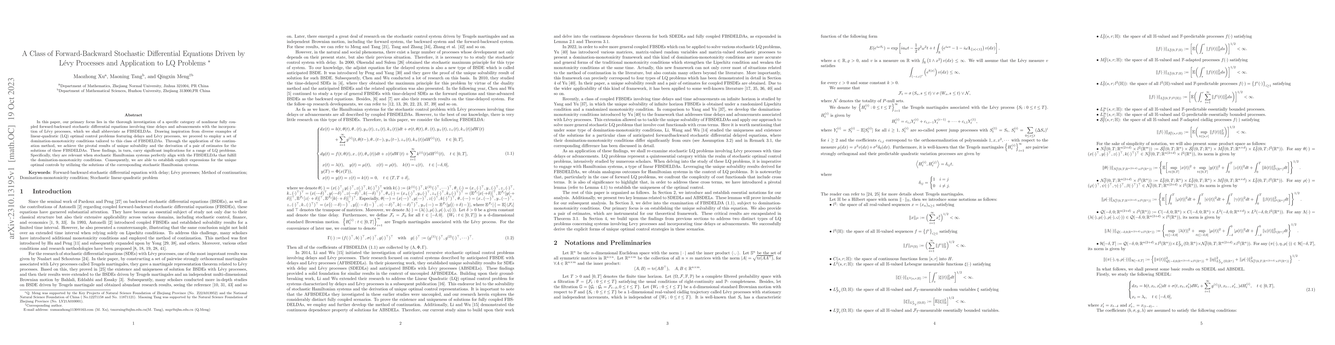 Thumbnail for A Class of Forward-Backward Stochastic Differential Equations Driven by
  L\'{e}vy Processes and Application to LQ Problems