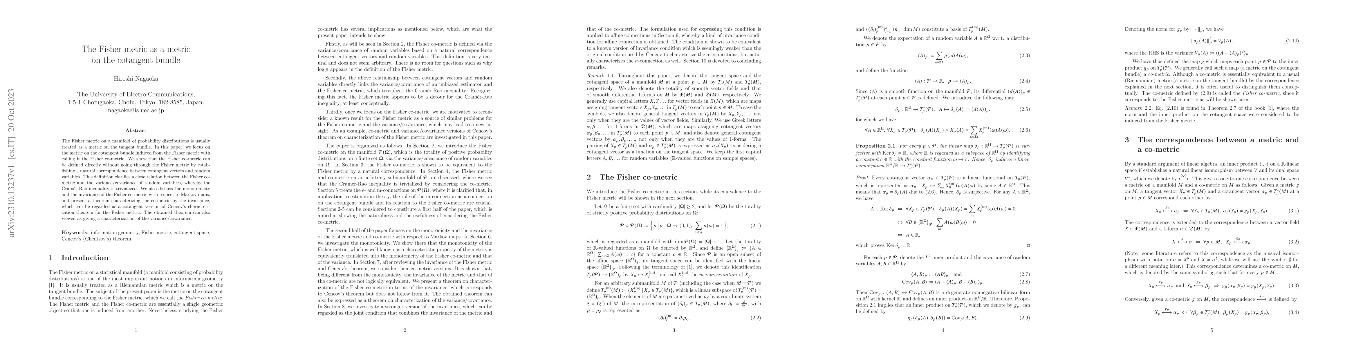 Thumbnail for The Fisher metric as a metric on the cotangent bundle