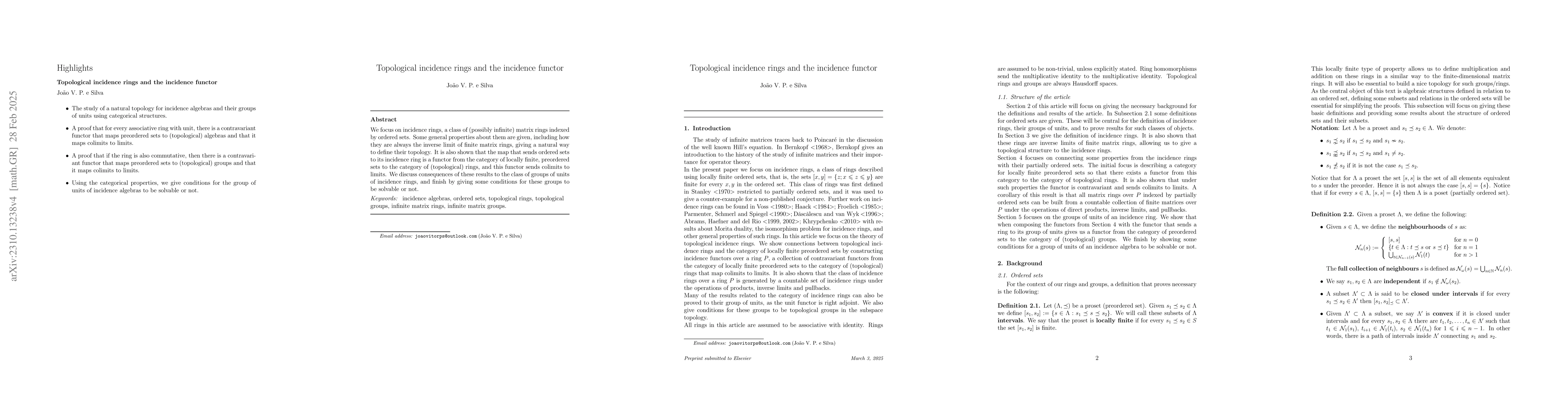 Thumbnail for Topological incidence rings, their groups of units and incidence
  functors