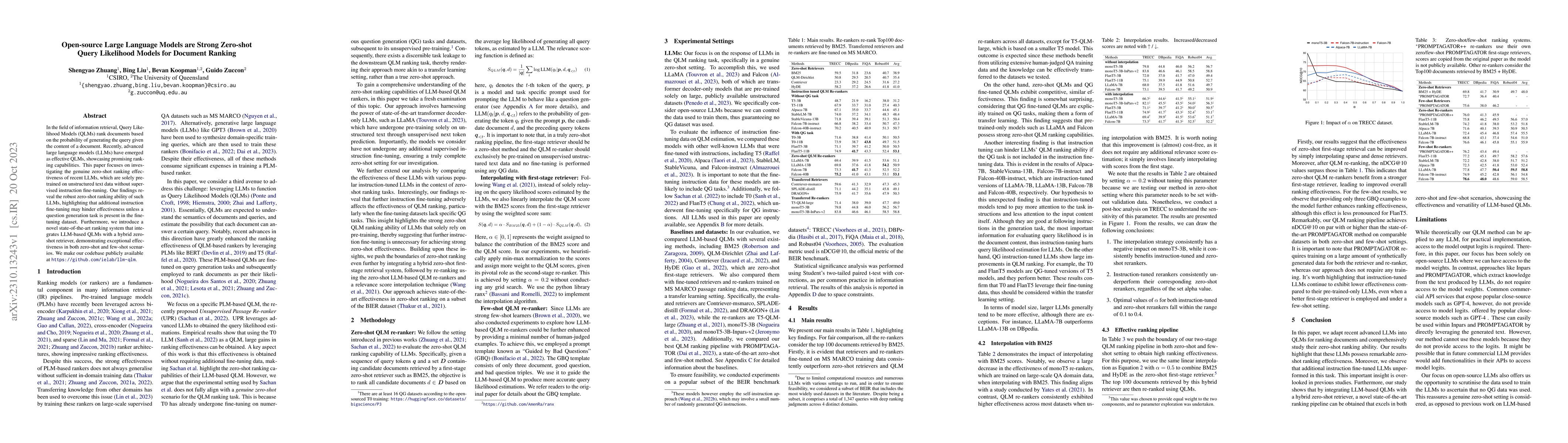 Thumbnail for Open-source Large Language Models are Strong Zero-shot Query Likelihood
  Models for Document Ranking