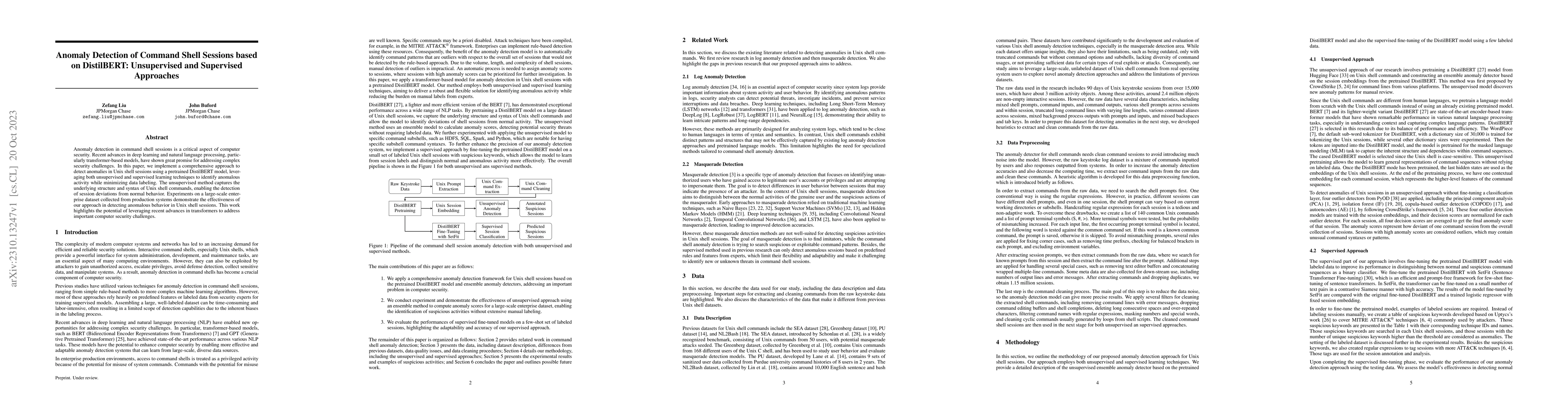 Thumbnail for Anomaly Detection of Command Shell Sessions based on DistilBERT:
  Unsupervised and Supervised Approaches