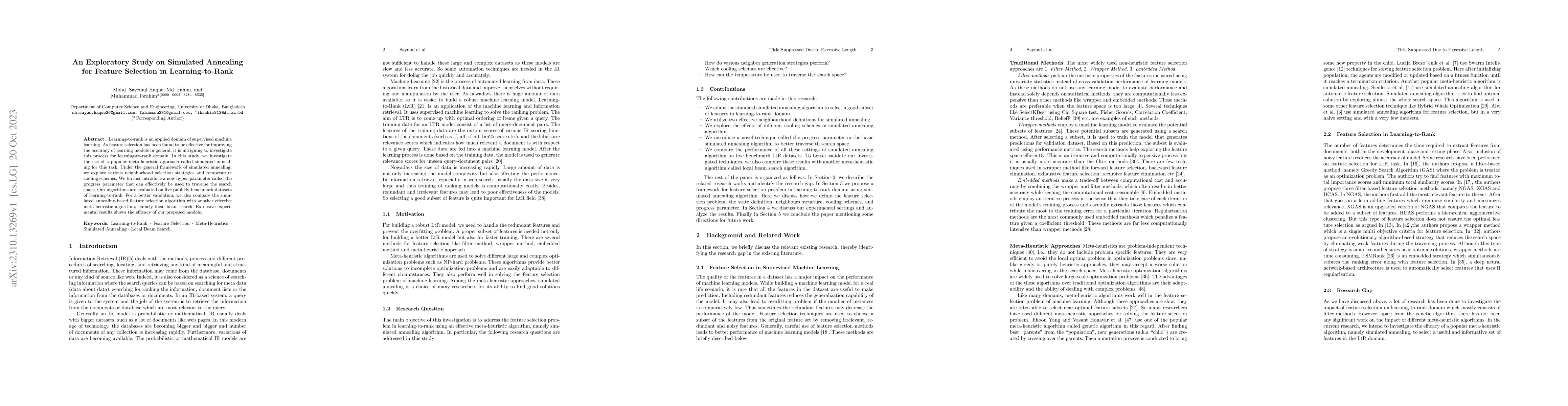 Thumbnail for An Exploratory Study on Simulated Annealing for Feature Selection in
  Learning-to-Rank