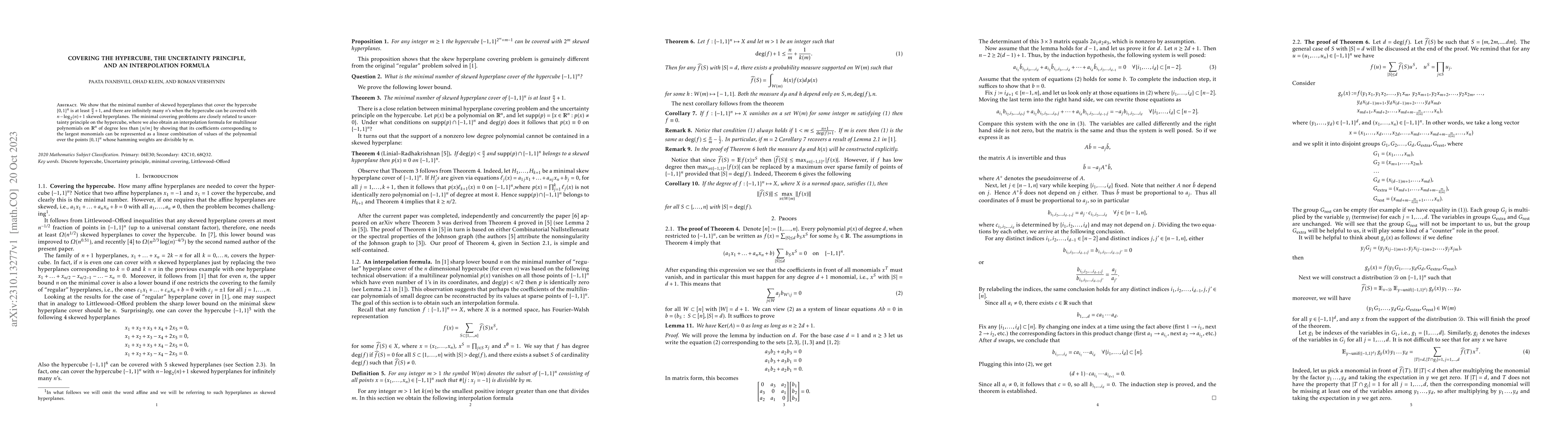 Thumbnail for Covering the hypercube, the uncertainty principle, and an interpolation
  formula