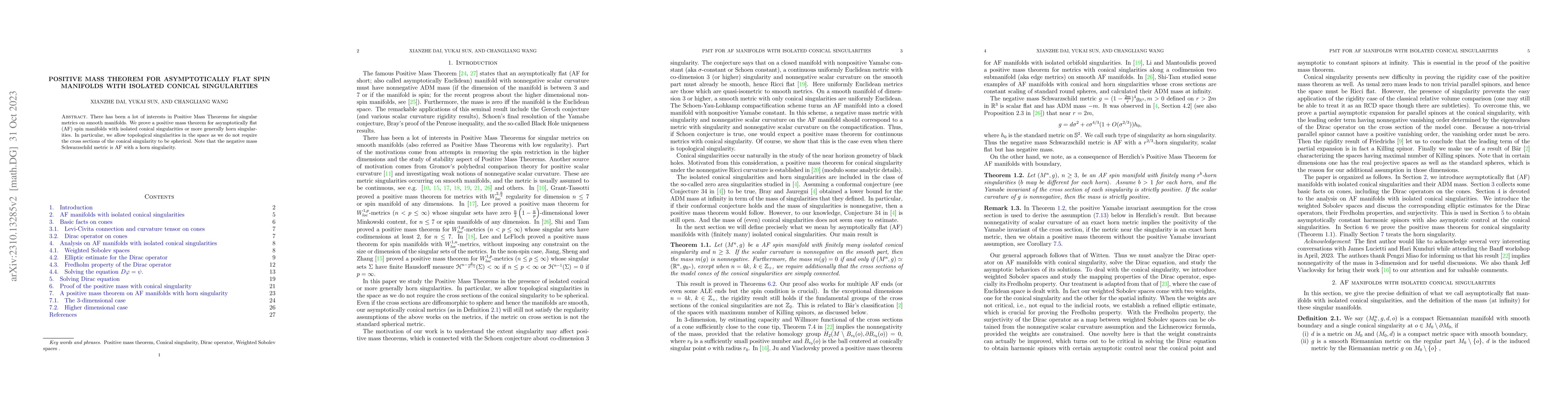 Thumbnail for Positive mass theorem for asymptotically flat spin manifolds with
  isolated conical singularities