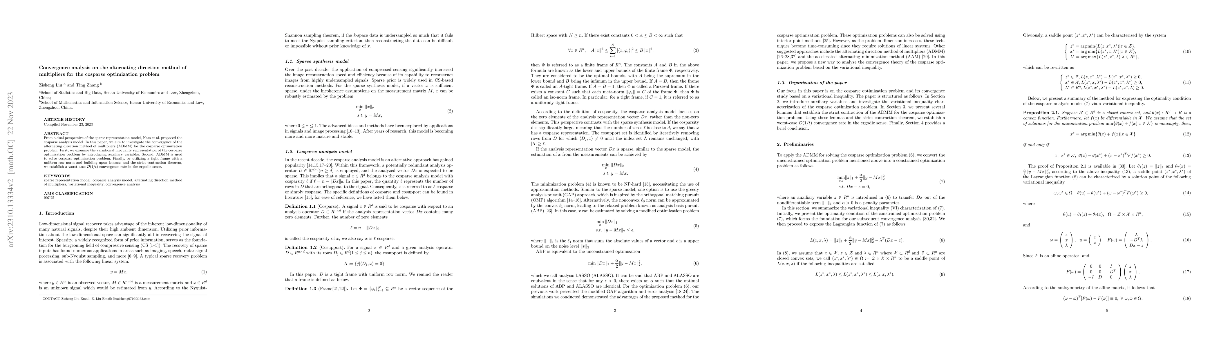 Thumbnail for Convergence analysis on the alternating direction method of multipliers
  for the cosparse optimization problem