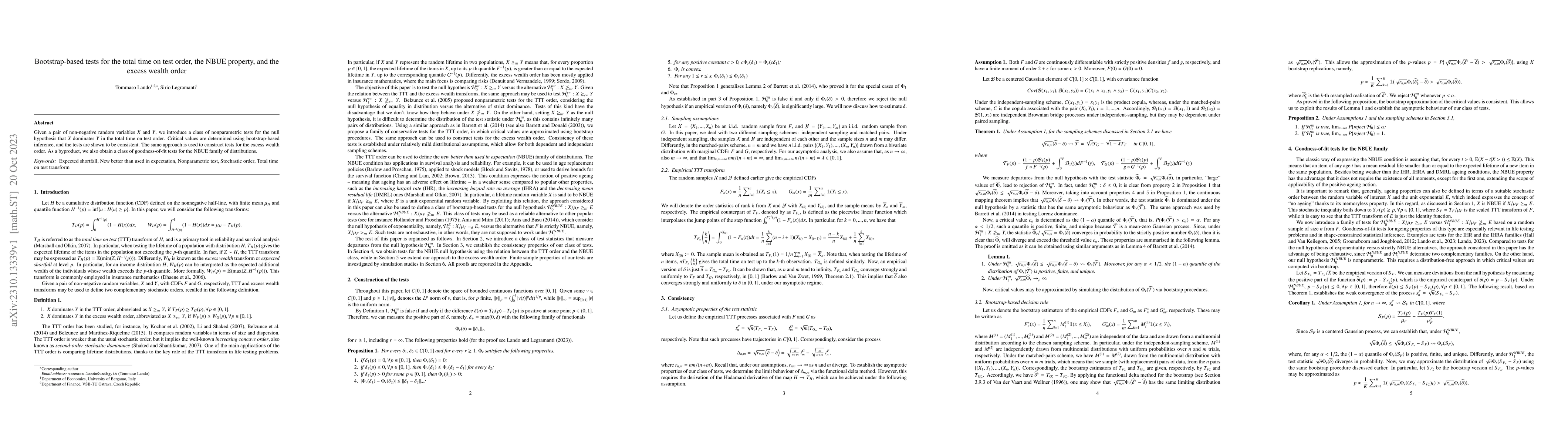 Thumbnail for Bootstrap-based tests for the total time on test order, the NBUE
  property, and the excess wealth order