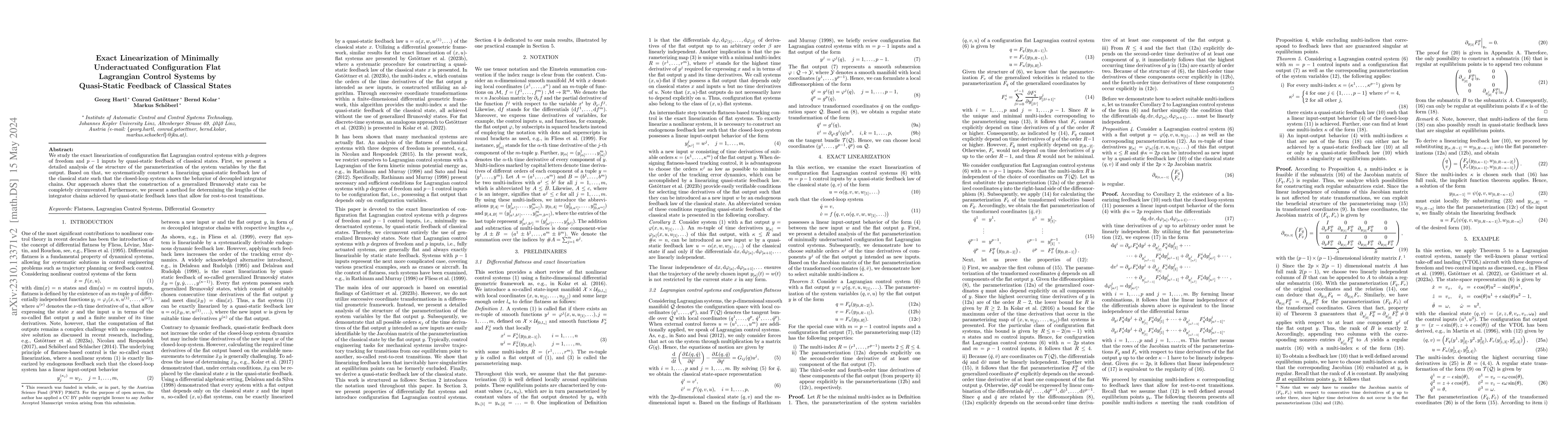Thumbnail for Exact Linearization of Minimally Underactuated Configuration Flat
  Lagrangian Control Systems by Quasi-Static Feedback of Classical States