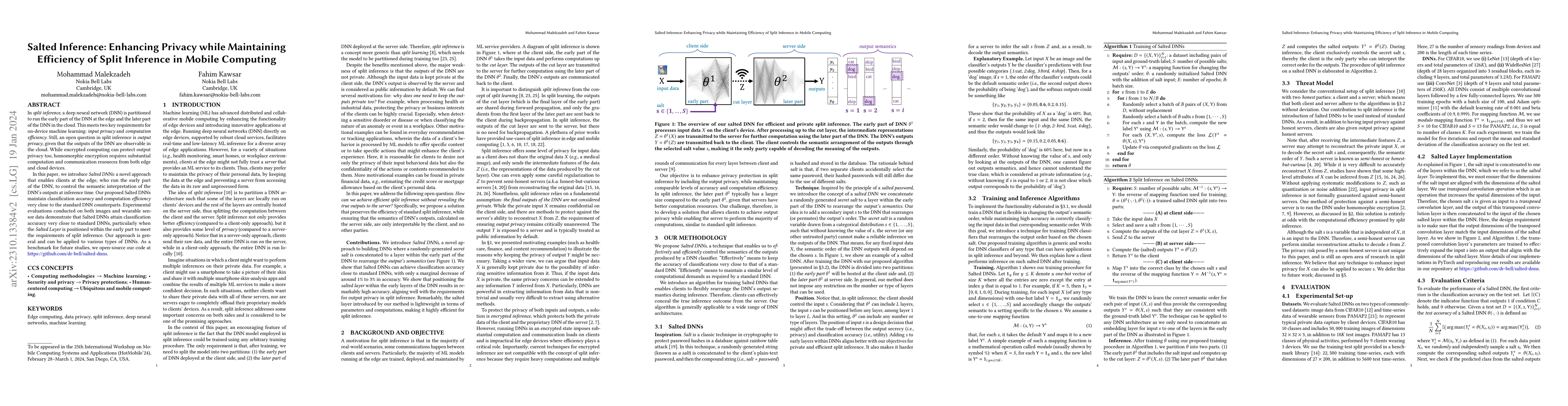 Thumbnail for Salted Inference: Enhancing Privacy while Maintaining Efficiency of
  Split Inference in Mobile Computing