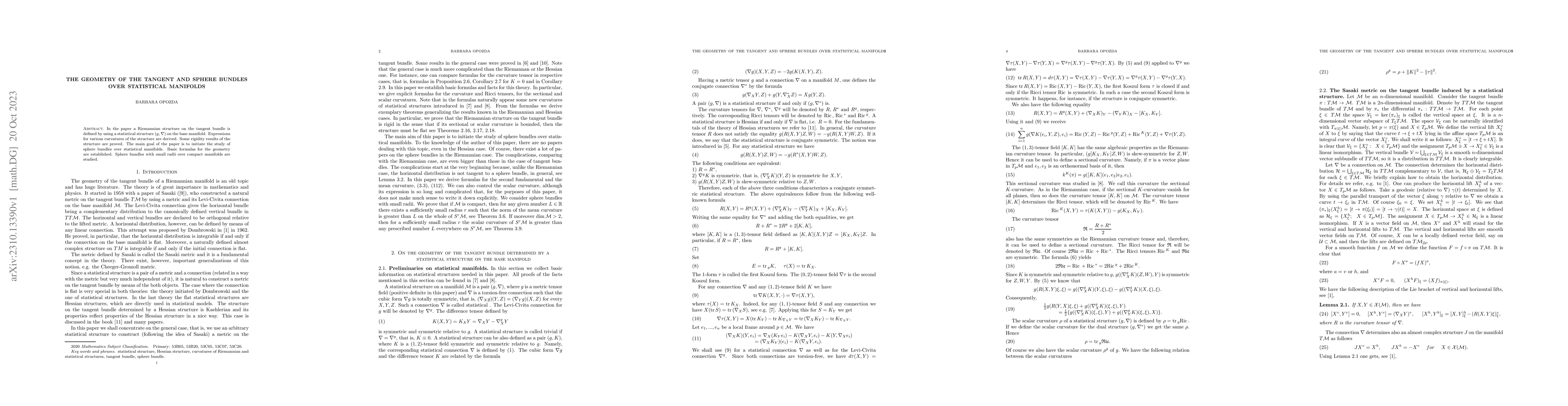 Thumbnail for The geometry of the tangent and sphere bundles over statistical
  manifolds