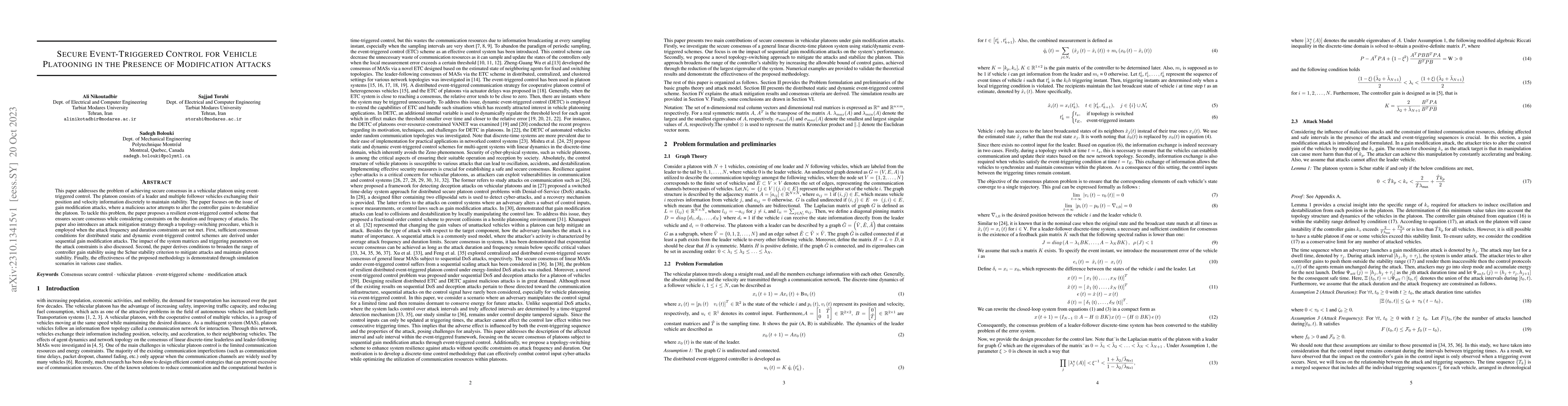 Thumbnail for Secure Event-Triggered Control for Vehicle Platooning in the Presence of
  Modification Attacks