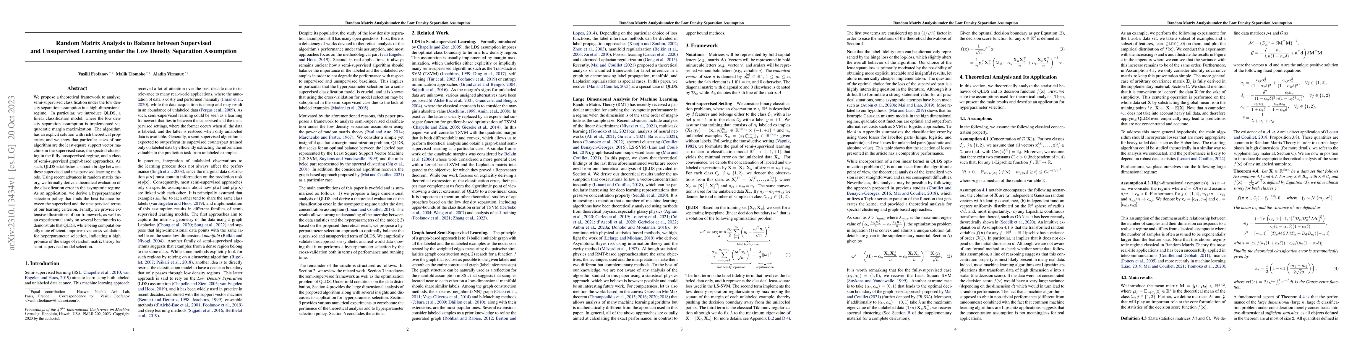 Thumbnail for Random Matrix Analysis to Balance between Supervised and Unsupervised
  Learning under the Low Density Separation Assumption