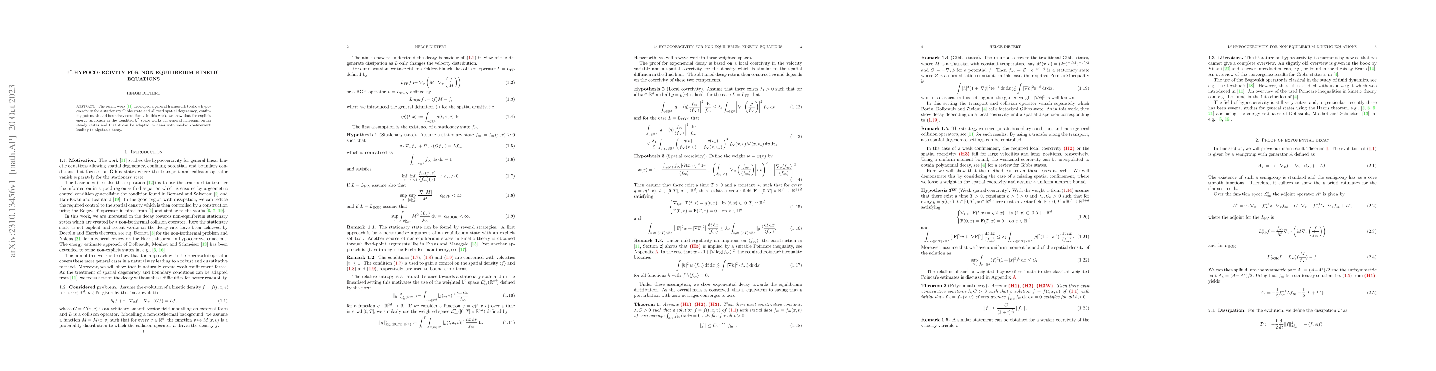 Thumbnail for L$^2$-Hypocoercivity for non-equilibrium kinetic equations