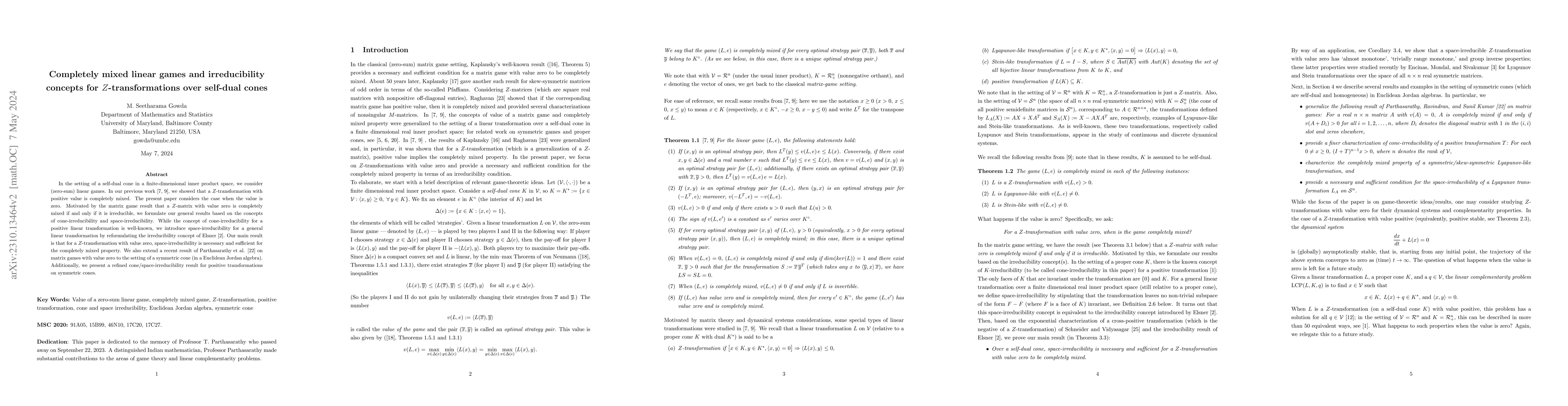 Thumbnail for Completely mixed linear games and irreducibility concepts for
  Z-transformations over self-dual cones