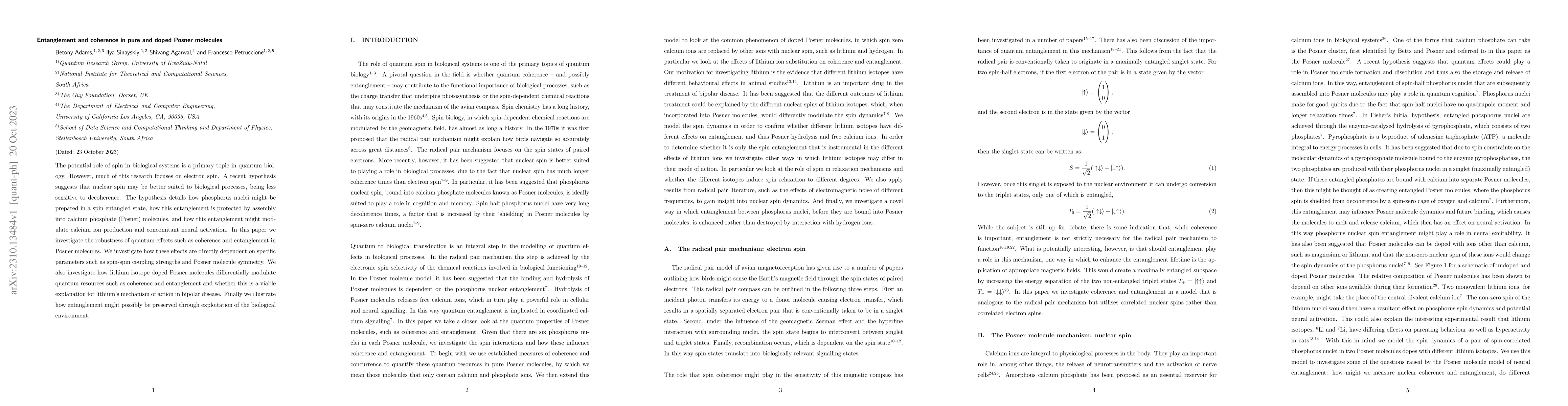 Thumbnail for Entanglement and coherence in pure and doped Posner molecules