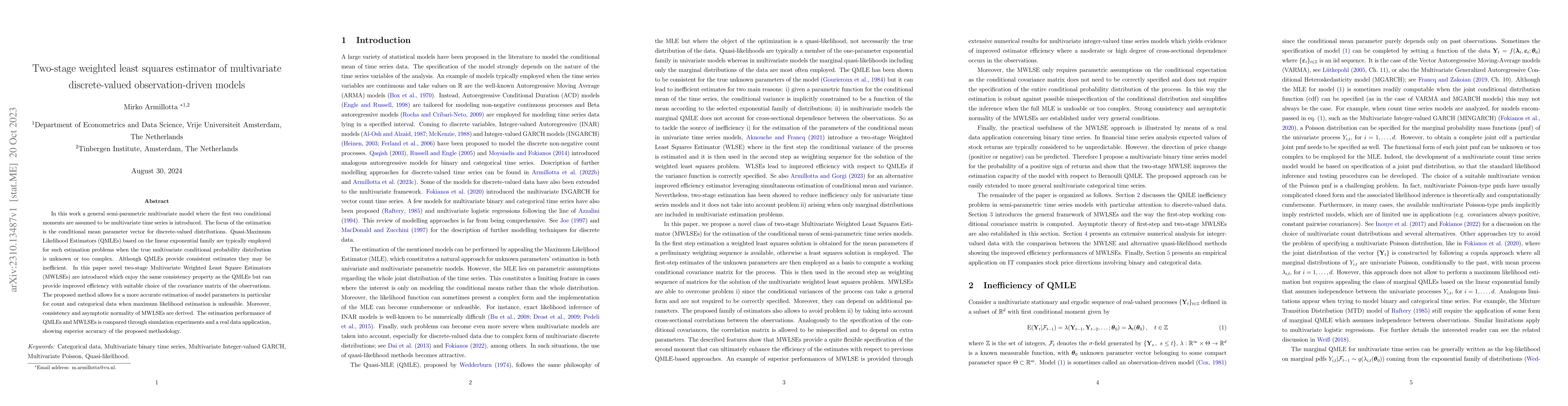 Thumbnail for Two-stage weighted least squares estimator of multivariate
  discrete-valued observation-driven models