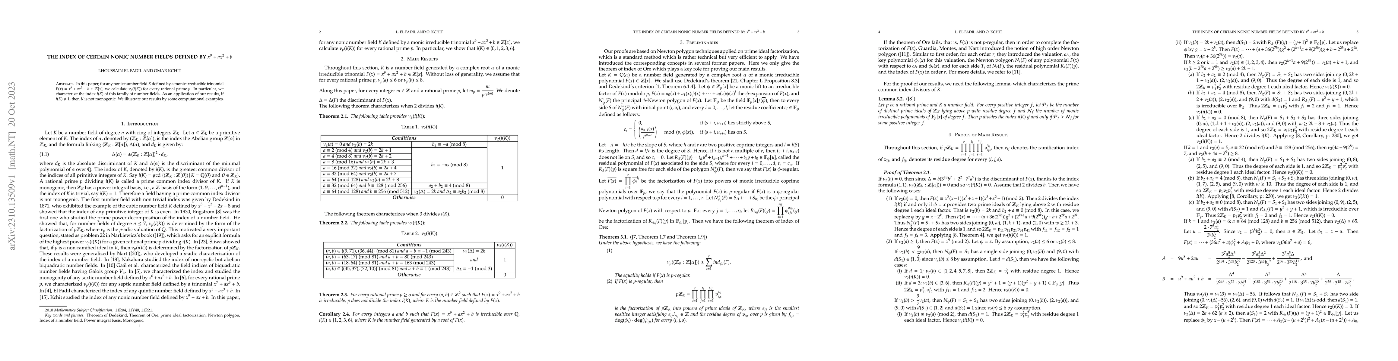 Thumbnail for The index of certain nonic number fields defined by $x^9+ax^2+b$
