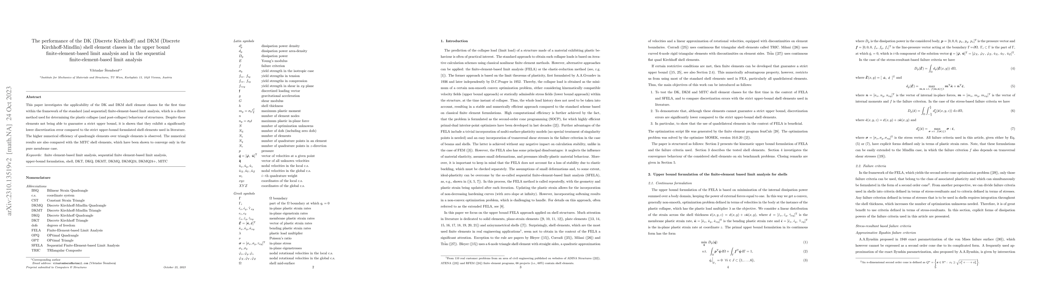 Thumbnail for The performance of the DK (Discrete Kirchhoff) and DKM (Discrete
  Kirchhoff-Mindlin) shell element classes in the upper bound
  finite-element-based limit analysis and in the sequential
  finite-element-based limit analysis