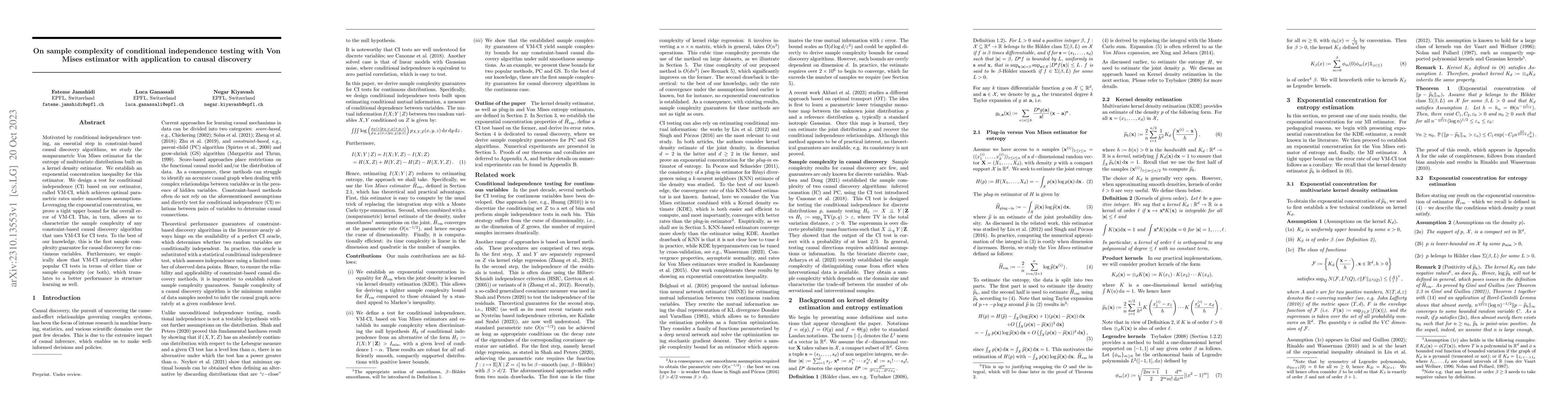 Thumbnail for On sample complexity of conditional independence testing with Von Mises
  estimator with application to causal discovery