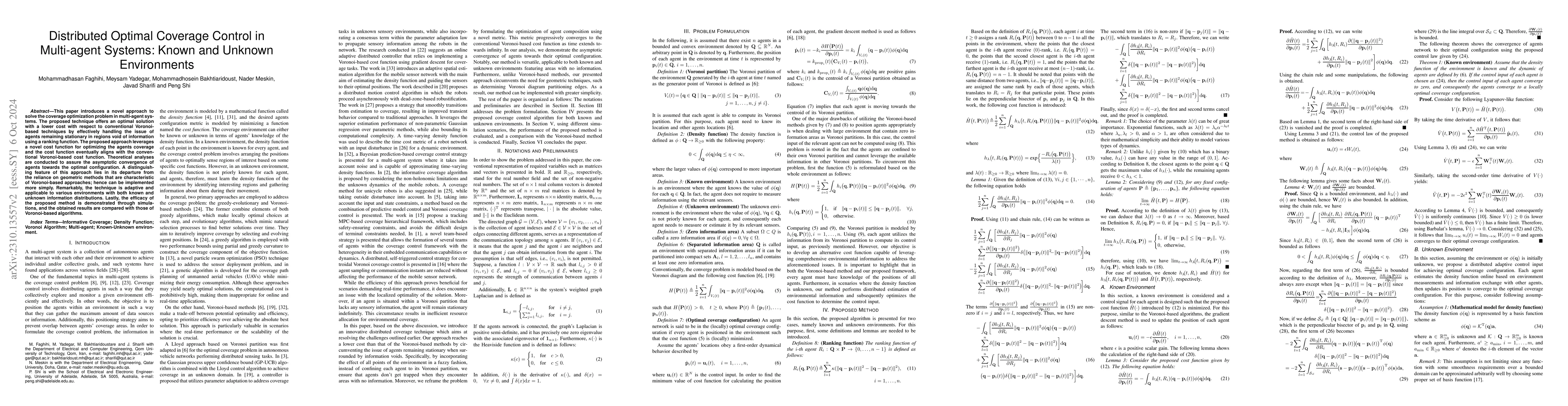 Thumbnail for Distributed Global Optimal Coverage Control in Multi-agent Systems:
  Known and Unknown Environments