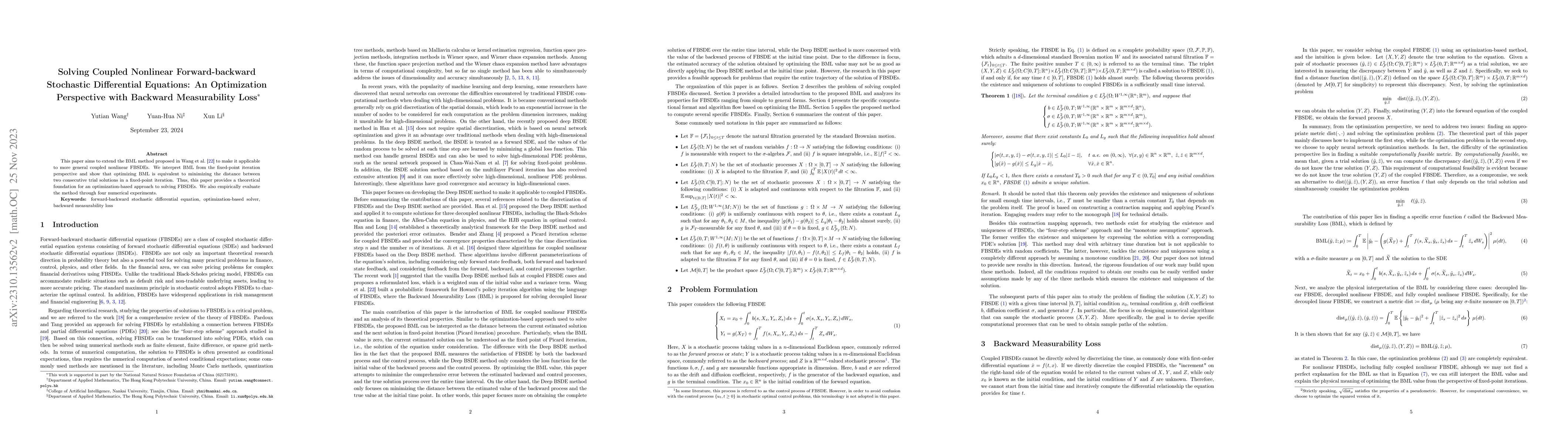 Thumbnail for Solving Coupled Nonlinear Forward-backward Stochastic Differential
  Equations: An Optimization Perspective with Backward Measurability Loss