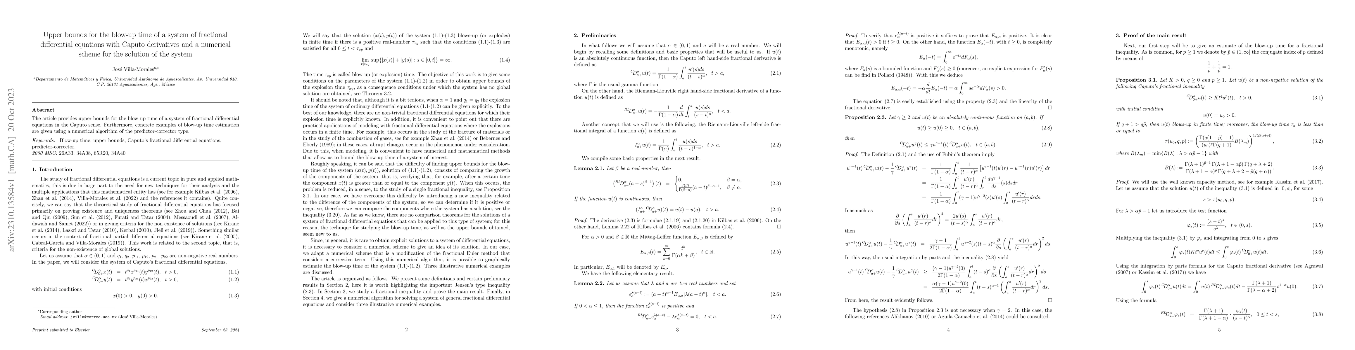 Thumbnail for Upper bounds for the blow-up time of a system of fractional differential
  equations with Caputo derivatives and a numerical scheme for the solution of
  the system