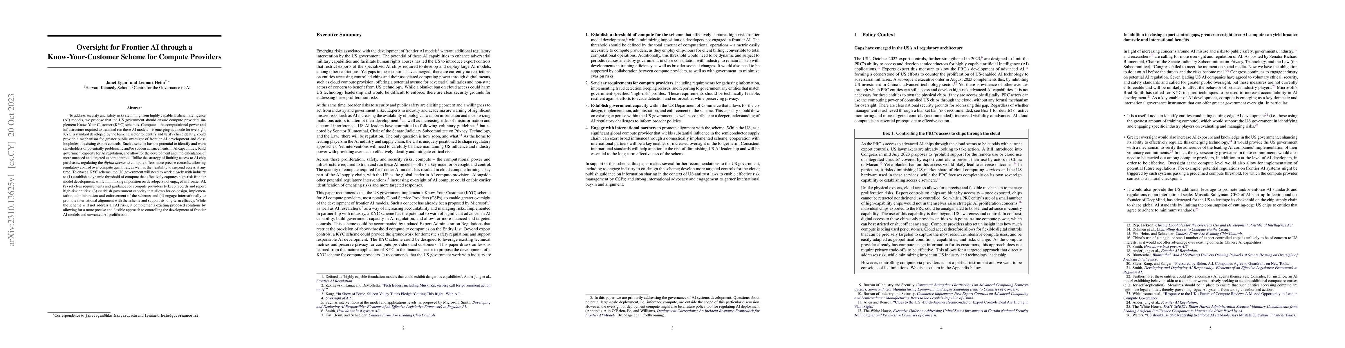 Thumbnail for Oversight for Frontier AI through a Know-Your-Customer Scheme for
  Compute Providers