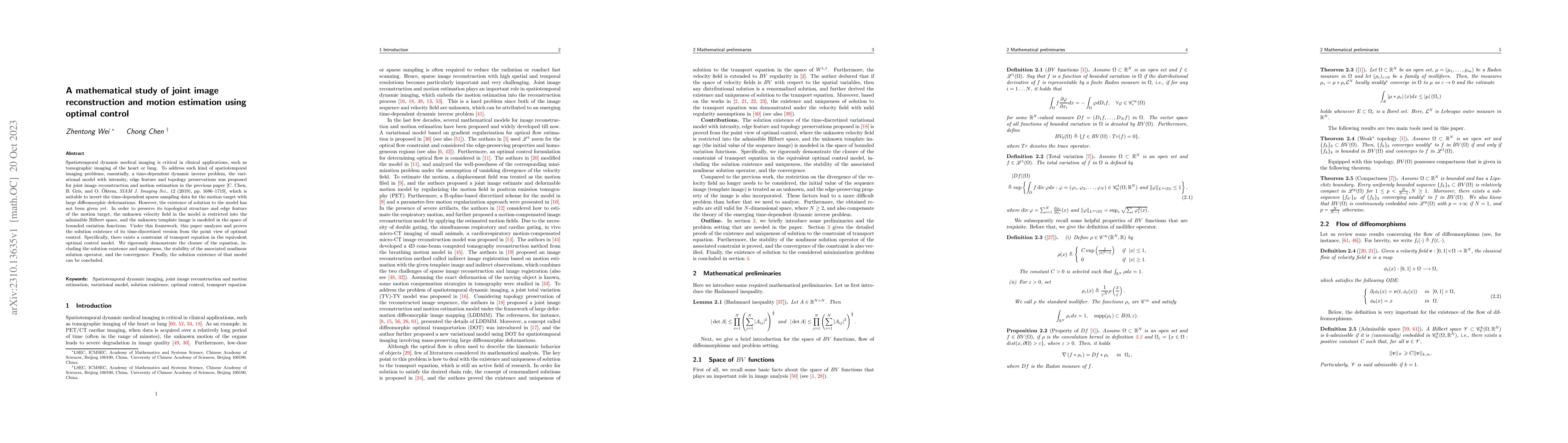 Thumbnail for A mathematical study of joint image reconstruction and motion estimation
  using optimal control