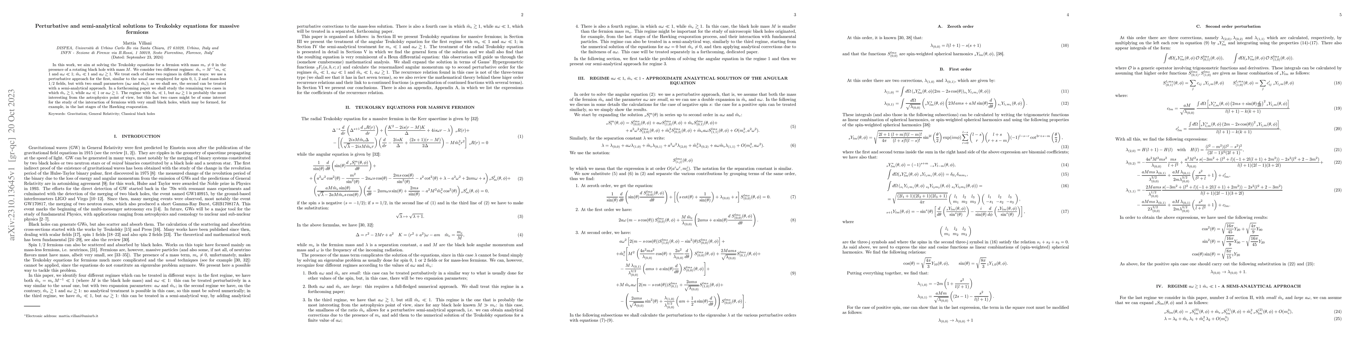 Thumbnail for Perturbative and semi-analytical solutions to Teukolsky equations for
  massive fermions