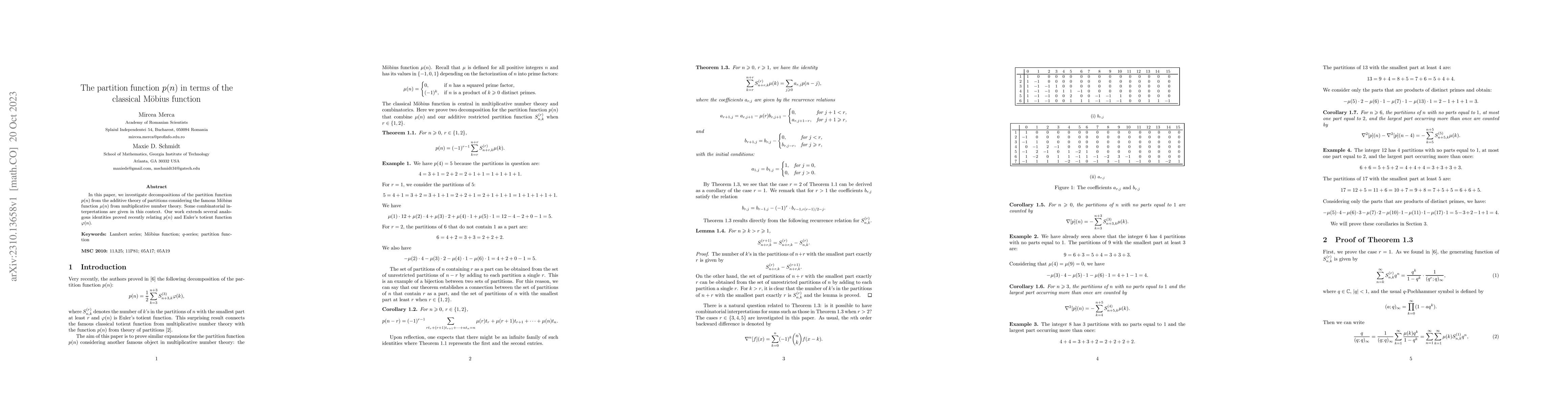 Thumbnail for The partition function $p(n)$ in terms of the classical M\"{o}bius
  function
