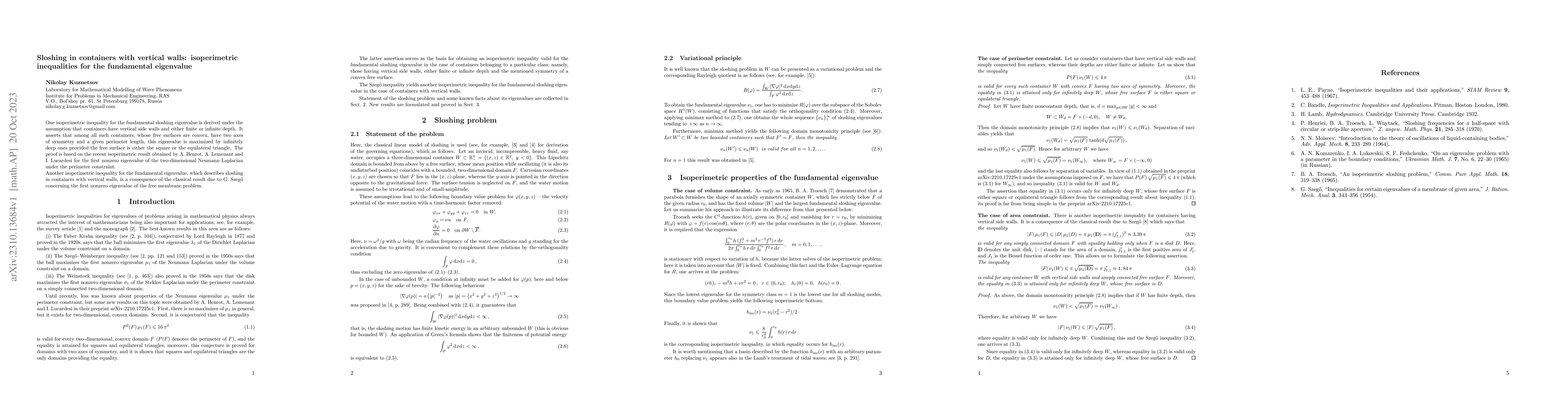 Thumbnail for Sloshing in containers with vertical walls: isoperimetric inequalities
  for the fundamental eigenvalue