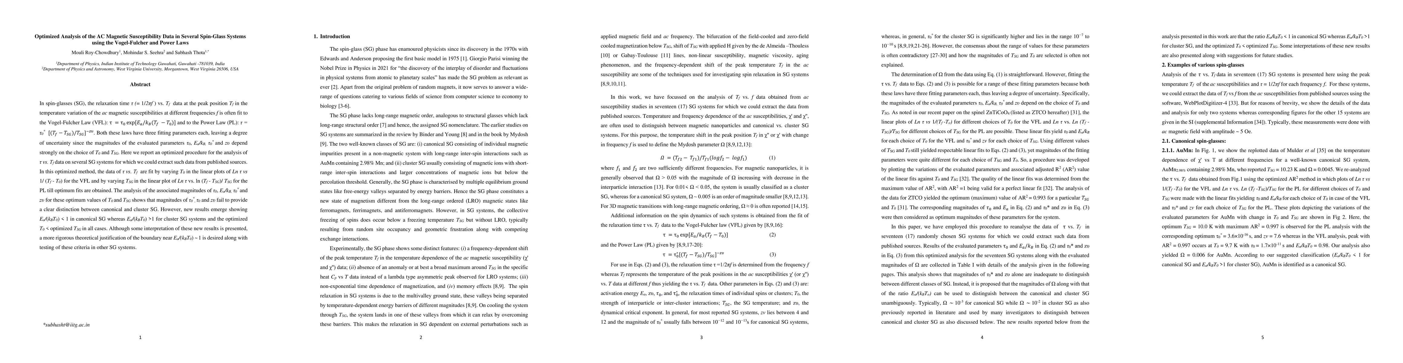 Thumbnail for Optimized Analysis of the AC Magnetic Susceptibility Data in Several
  Spin-Glass Systems using the Vogel-Fulcher and Power Laws