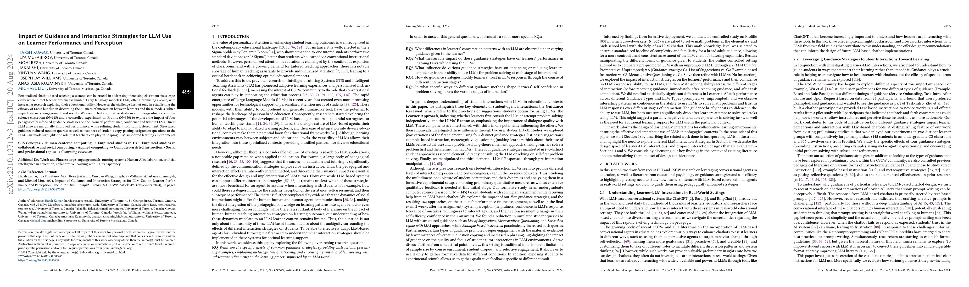 Thumbnail for Impact of Guidance and Interaction Strategies for LLM Use on Learner
  Performance and Perception