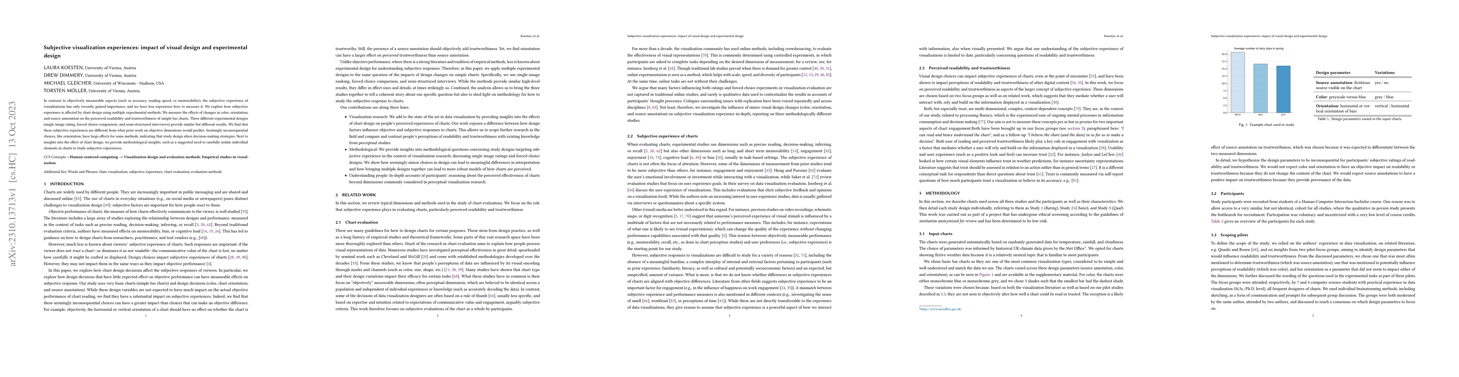 Thumbnail for Subjective visualization experiences: impact of visual design and
  experimental design