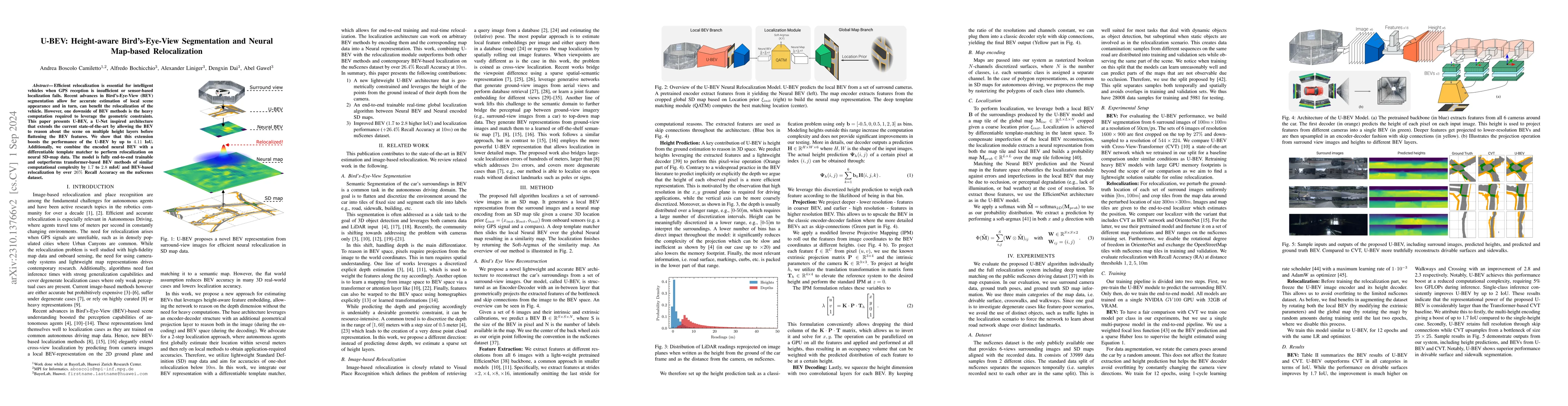 Thumbnail for U-BEV: Height-aware Bird's-Eye-View Segmentation and Neural Map-based
  Relocalization