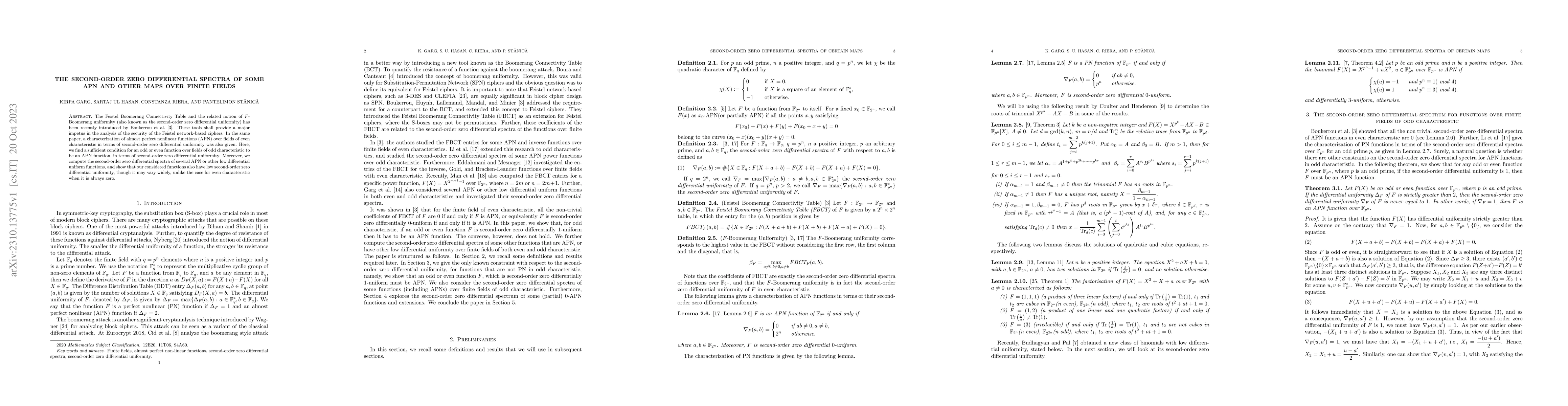 Thumbnail for The second-order zero differential spectra of some APN and other maps
  over finite fields
