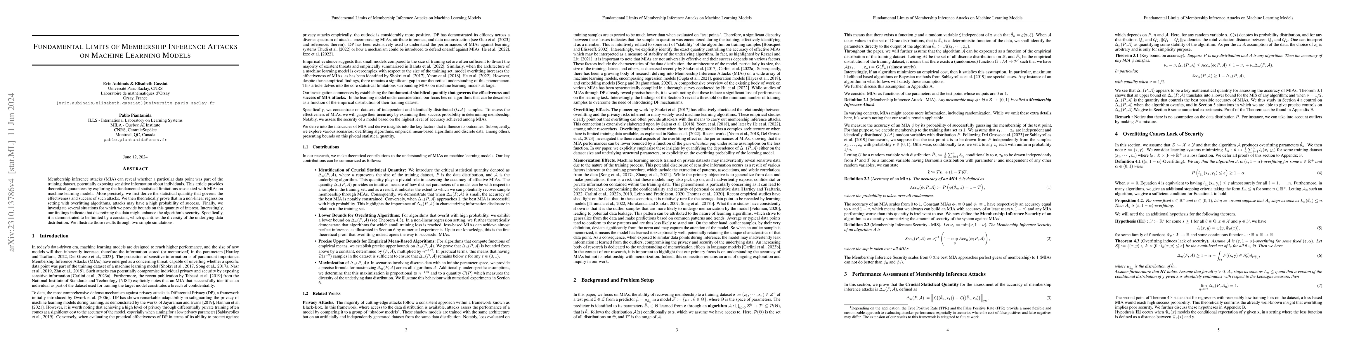 Thumbnail for Fundamental Limits of Membership Inference Attacks on Machine Learning
  Models