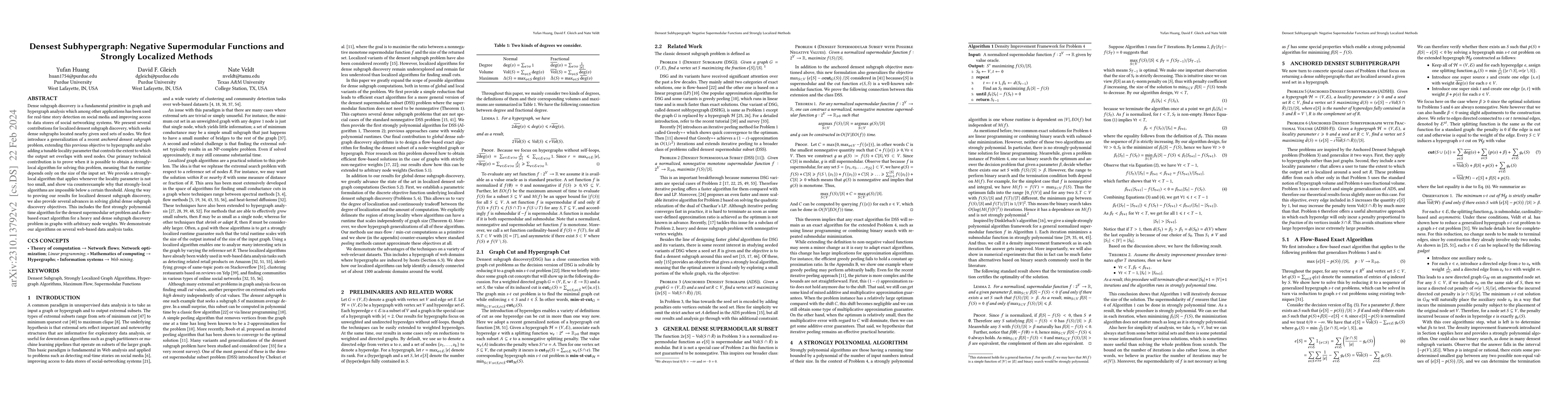 Thumbnail for Densest Subhypergraph: Negative Supermodular Functions and Strongly
  Localized Methods