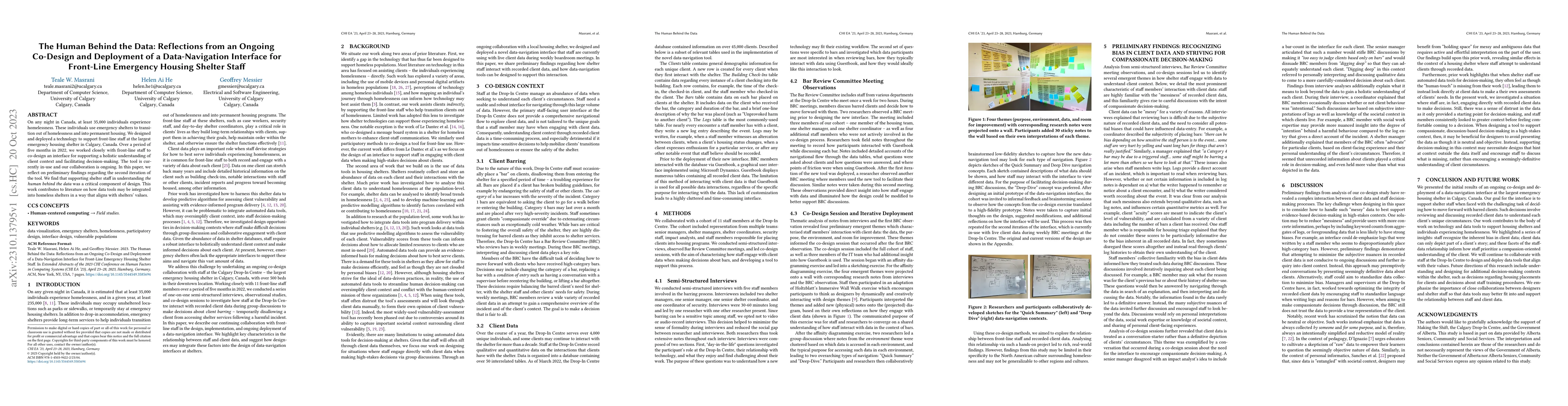 Thumbnail for The Human Behind the Data: Reflections from an Ongoing Co-Design and
  Deployment of a Data-Navigation Interface for Front-Line Emergency Housing
  Shelter Staff