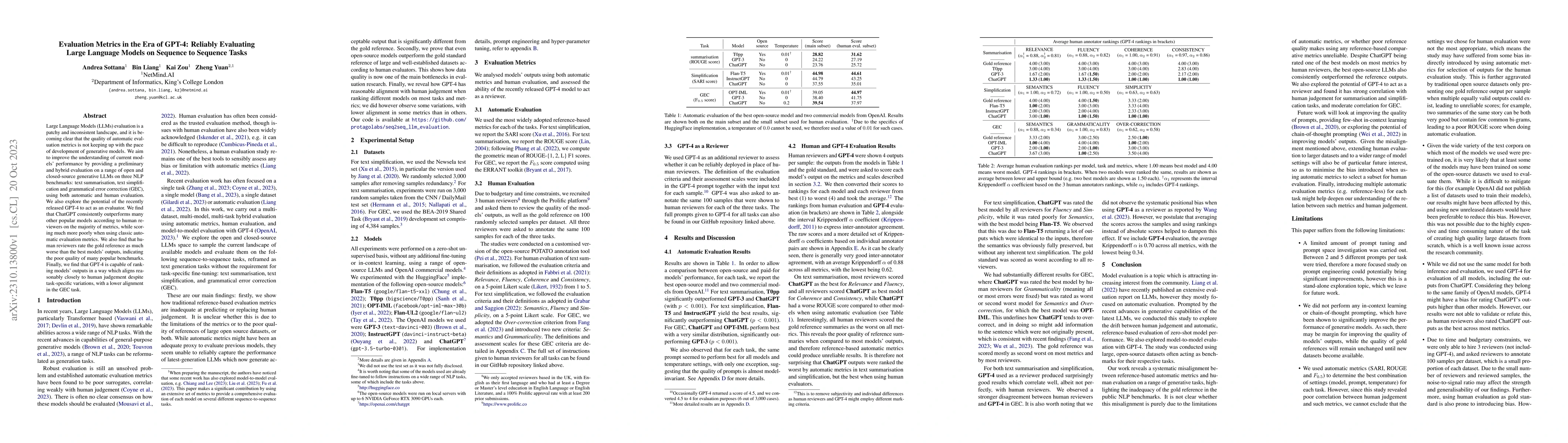 Thumbnail for Evaluation Metrics in the Era of GPT-4: Reliably Evaluating Large
  Language Models on Sequence to Sequence Tasks