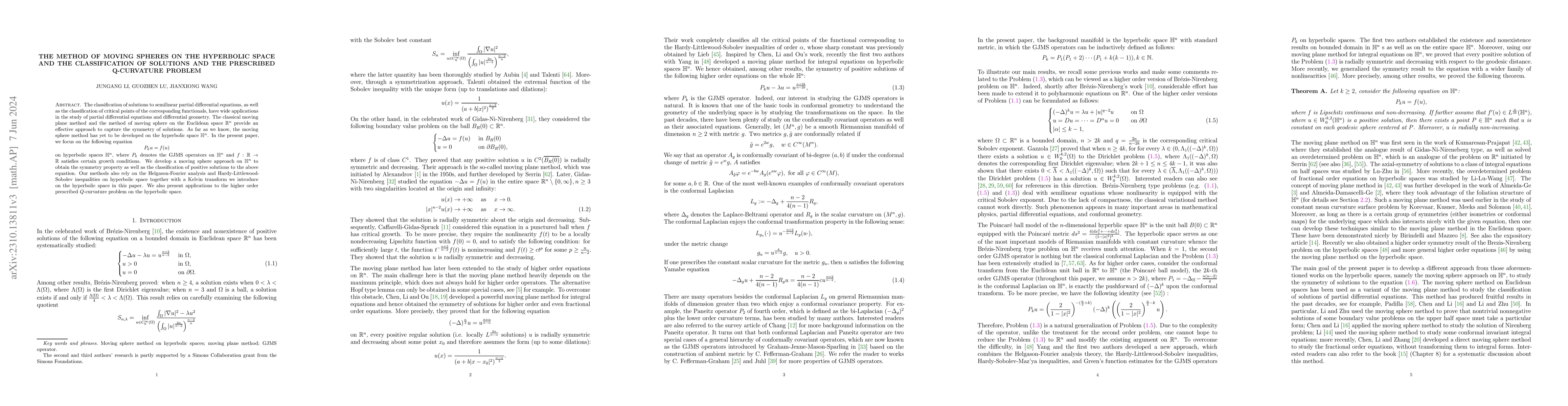 Thumbnail for The Method of Moving Spheres on the Hyperbolic Space and the
  Classification of Solutions and the prescribed Q-curvature problem