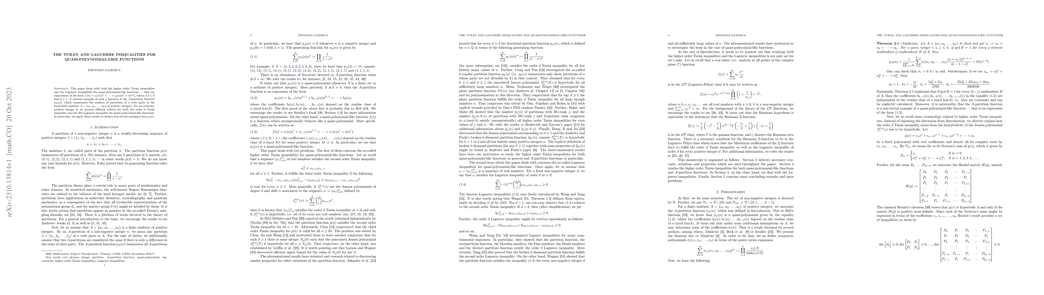 Thumbnail for The Tur\'an and Laguerre inequalities for quasi-polynomial-like
  functions