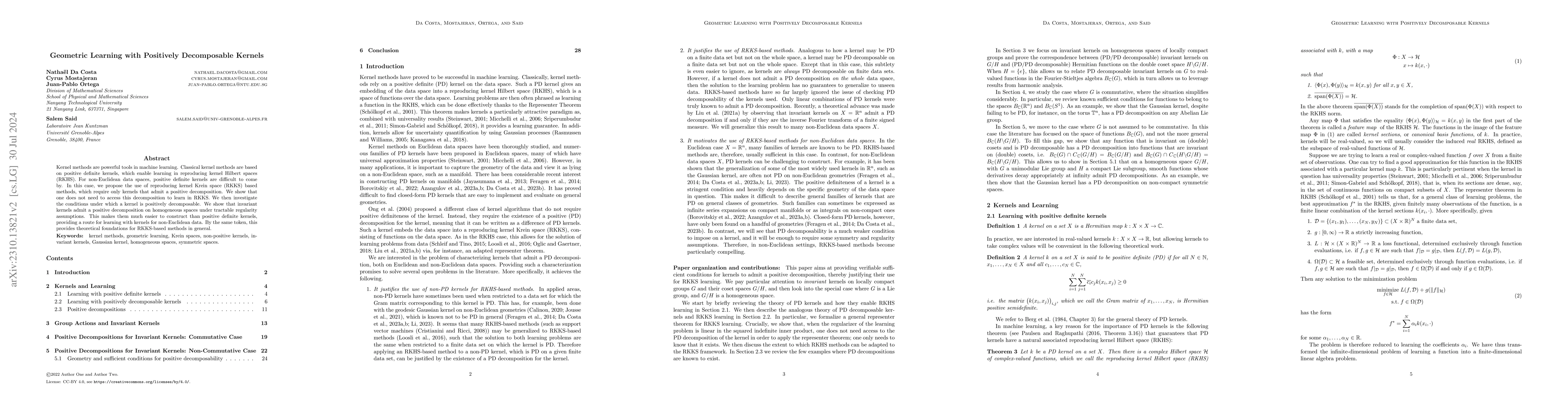 Thumbnail for Geometric Learning with Positively Decomposable Kernels