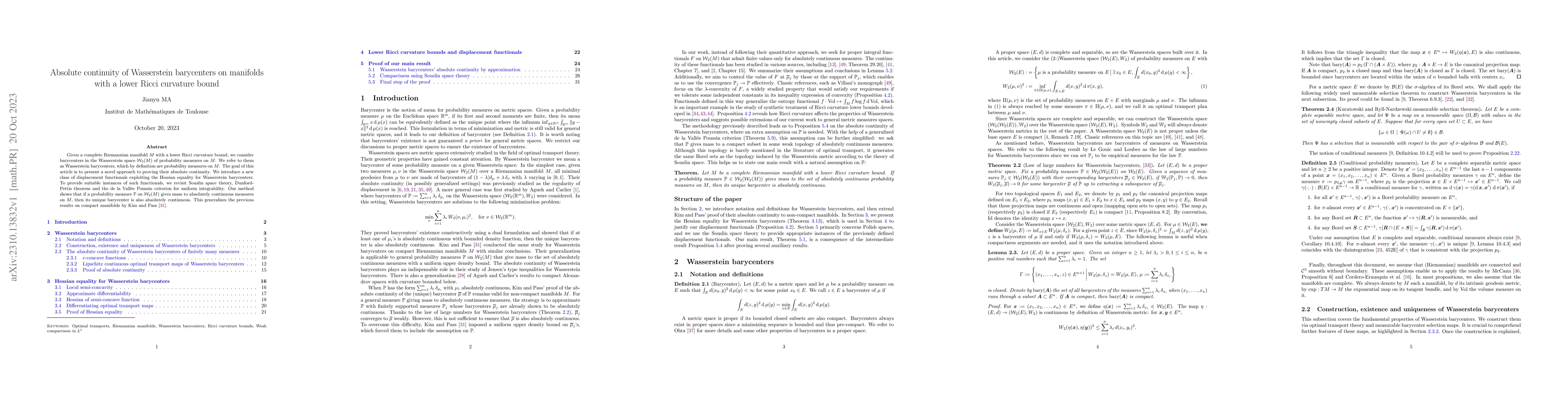 Thumbnail for Absolute continuity of Wasserstein barycenters on manifolds with a lower
  Ricci curvature bound