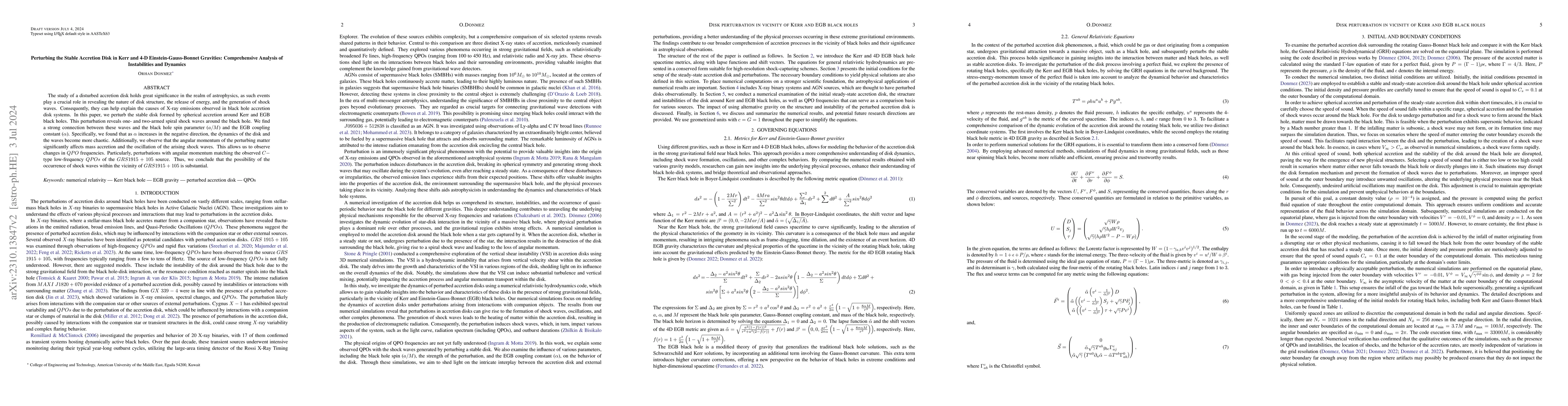Thumbnail for Perturbing the Stable Accretion Disk in Kerr and 4-D
  Einstein-Gauss-Bonnet Gravities: Comprehensive Analysis of Instabilities and
  Dynamics