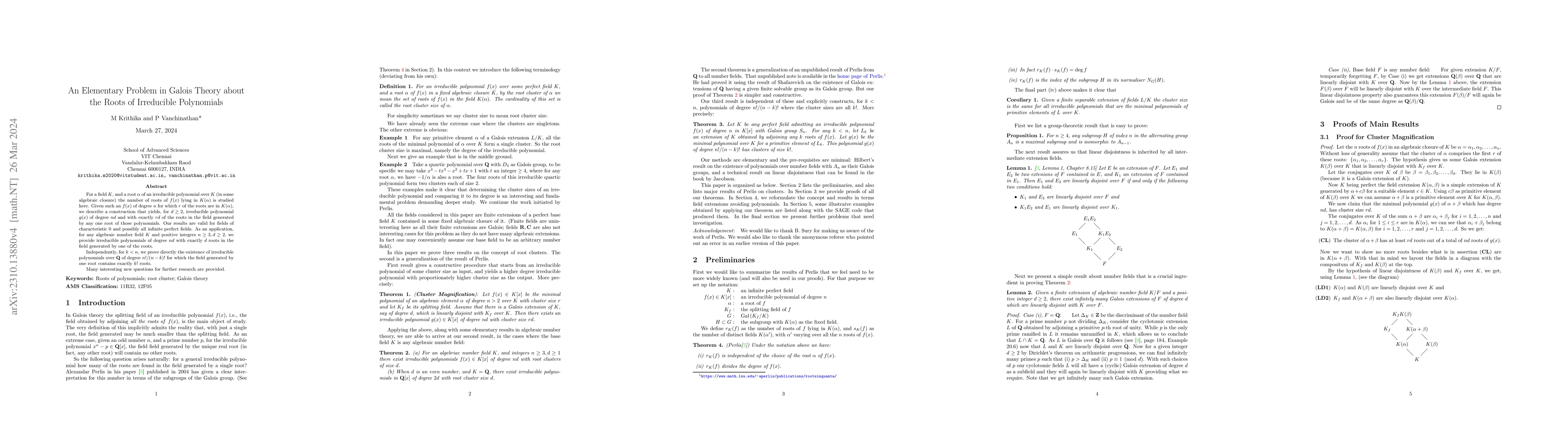 Thumbnail for An Elementary Problem in Galois Theory about the Roots of Irreducible
  Polynomials