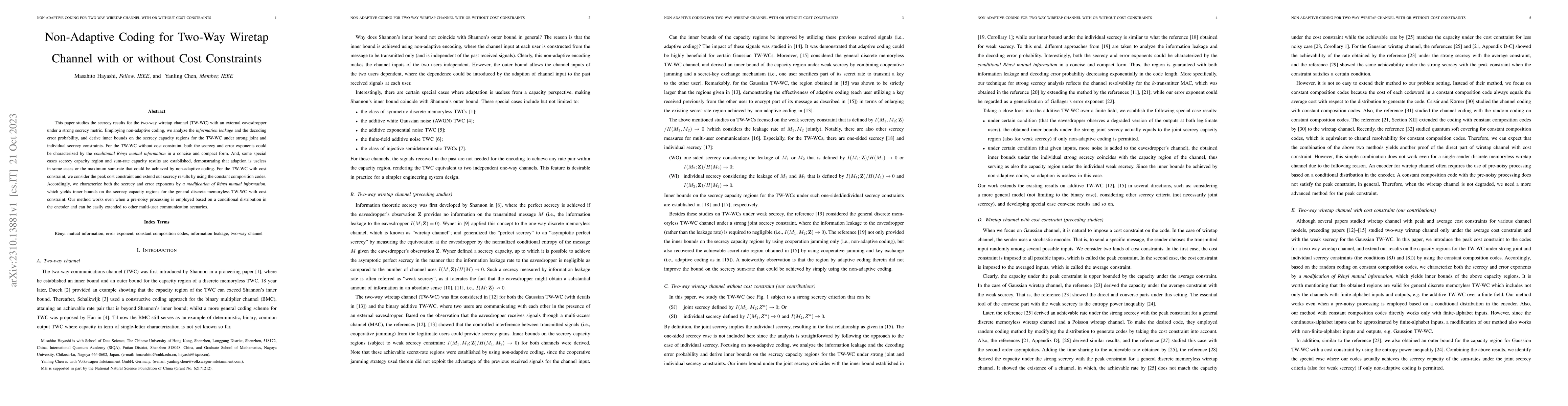 Thumbnail for Non-Adaptive Coding for Two-Way Wiretap Channel with or without Cost
  Constraints