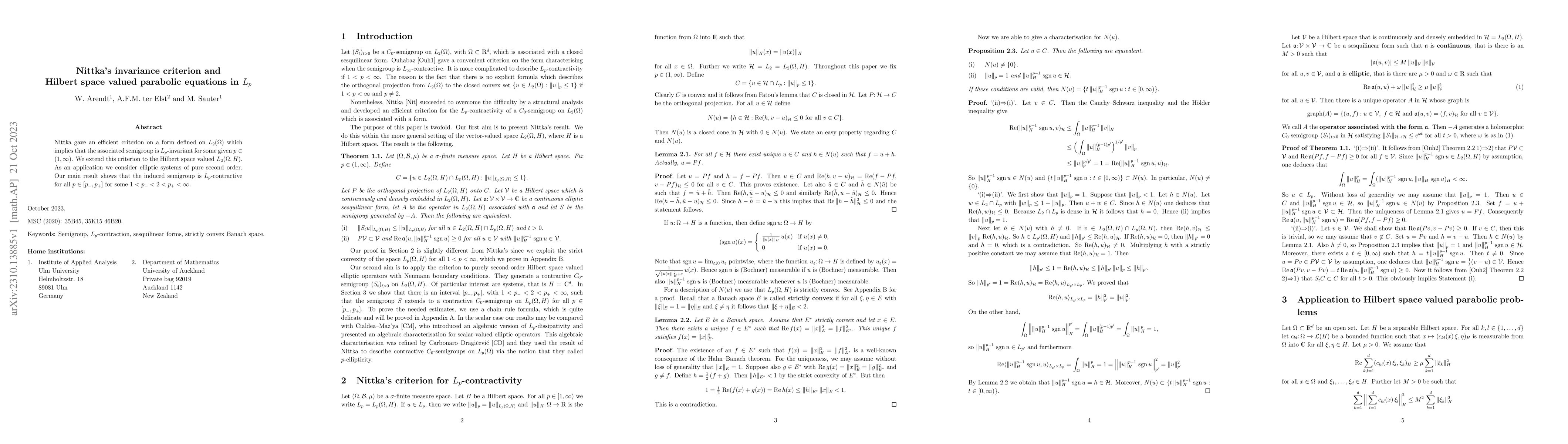 Thumbnail for Nittka's invariance criterion and Hilbert space valued parabolic
  equations in $L_p$