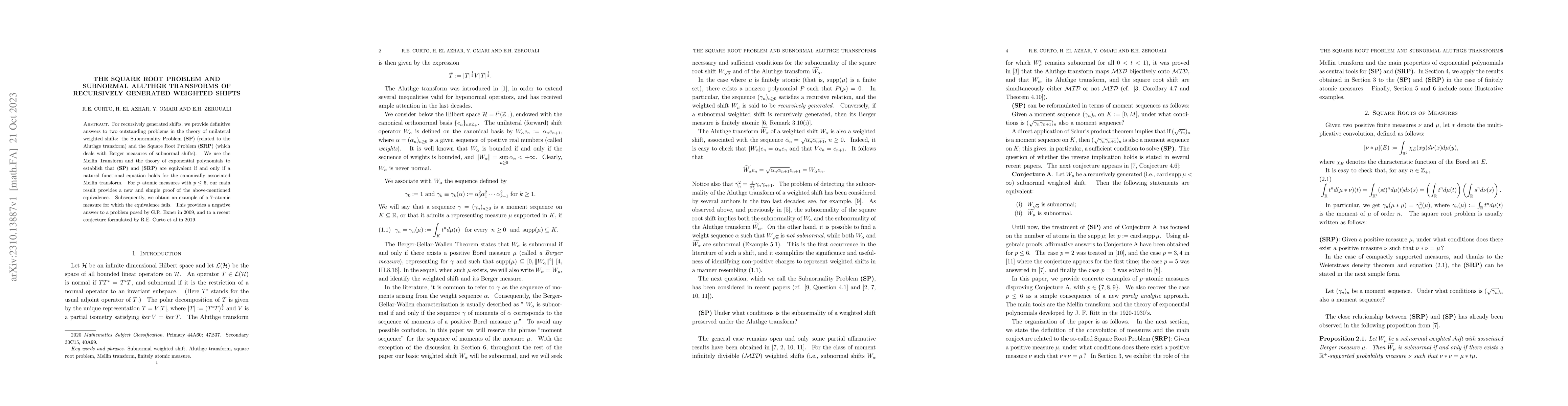 Thumbnail for The Square Root Problem and Subnormal Aluthge Transforms of Recursively
  Generated Weighted Shifts
